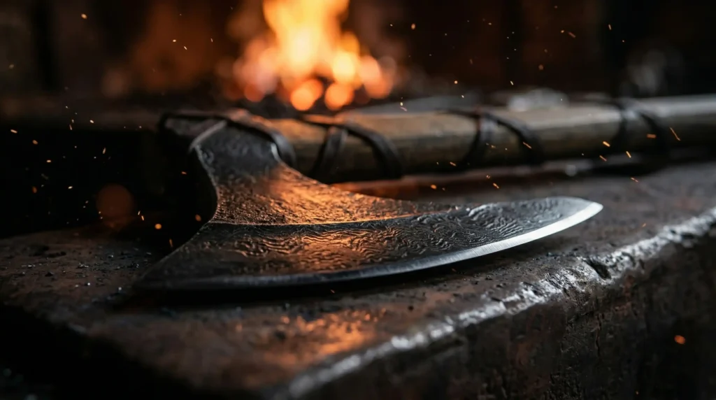 Ragnar Lothbrok's axe resting on an anvil in a blacksmith's workshop